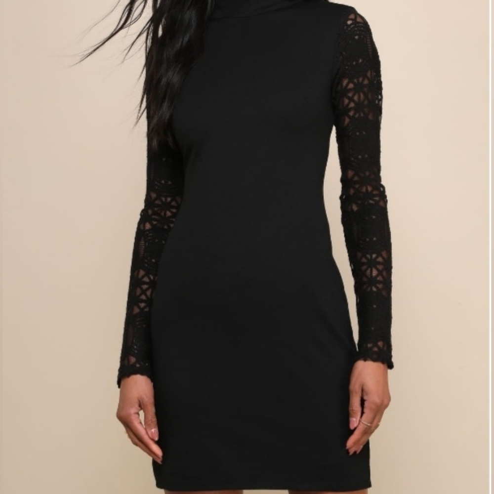 Lulu's Black Long Sleeve Dress with Lace Detail